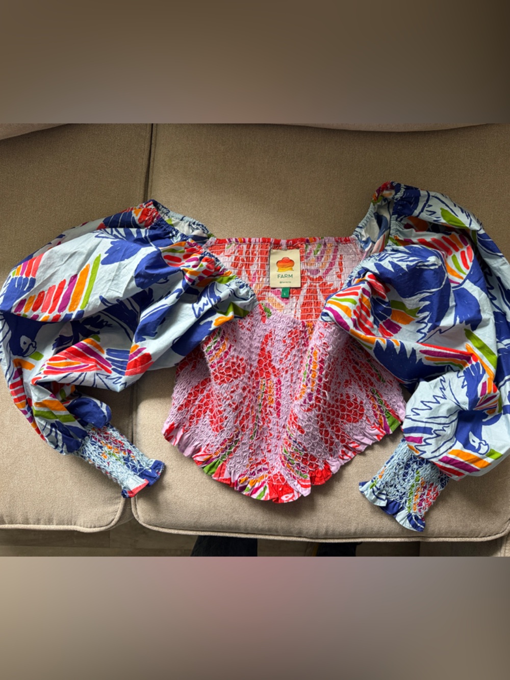 FARM Rio Multicolor Puff-Sleeve Smocked Cropped Blouse